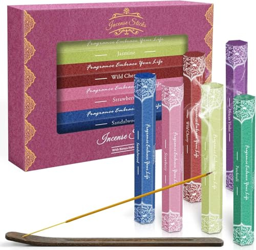 SCENTORINI Räucherstäbchen, Luxus Räucherstäbchen Geschenkset | Sandelholz, Patchouli, Afrikanische Veilchen, Erdbeere, Jasmin, Wildkirsche zur Entspannung und Meditation 120PZ