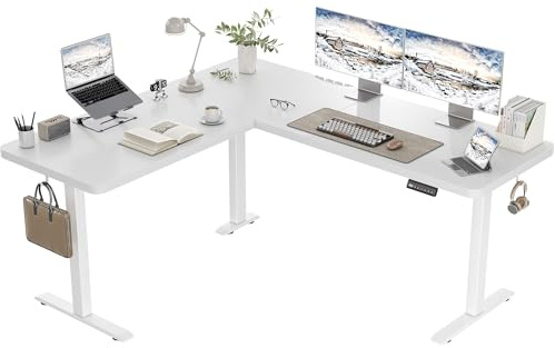 TRIUMPHKEY L-förmig Höhenverstellbarer Schreibtisch Elektrisch mit 3 Memory-Steuerung, 160 x 140cm Eckschreibtisch mit Kabelmanagement und Haken, Ergonomischer Computertisch Weiß