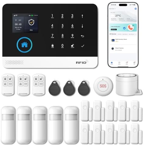 XNY 4G Alarmanlage Haus, WLAN Drahtloses Alarmanlage Wohnung mit APP-Benachrichtigung, 24 Stück(5 Bewegungsmelder, 10 Fenster Tür Sensoren, Fernbedienungen, Alarmsirene), Funktioniert mit Alexa