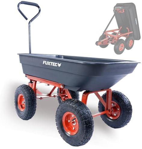 FUXTEC Kippwagen FX-KW2175 bis max. 300kg Zuladung und max. 150 kg bei gekippter Funktion, Transportwagen mit geschlossener Ladefläche aus Kunststoff - Gartenkarre für ihre Geräte, große Lufträder