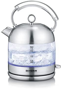 SEVERIN Retro Glas Wasserkocher, XXL-Füllvolumen von 1,7L, leistungsstarker und kompakter Wasserkocher im hochwertigen Retro-Design, elektrisch, Glas/Edelstahl-gebürstet, WK 3459