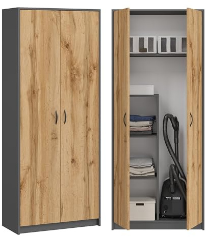 KUBUTKU Mehrzweckschrank Besenschrank Haushaltsschrank Praktische Schrank für Staubsauger Besen 180x74x35cm (Graphit/Eiche Wotan)
