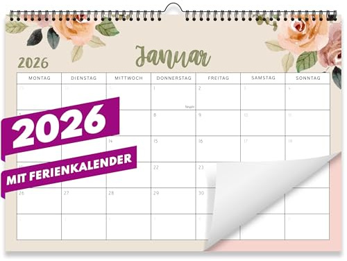 Kalender 2026 Wandkalender (Monatskalender im A4 Querformat) - Monatskalender 2026 für das ganze Jahr von Januar bis Dezember mit Ferienübersicht - Ideal als Paarkalender oder Familienplaner