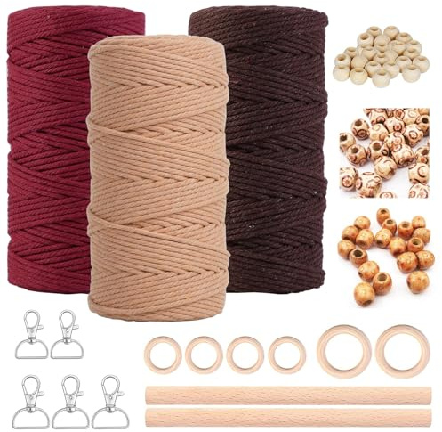 Makramee Garn 3mm x 60m 3er Makramee Set für DIY Handwerk Makramee Wandbehang Traumfänger Blumenampel Vorhang Bastelset Schnurkette, Mit 5 Schlüsselanhänger 60 Holzperlen 6 Holzringe 2 Rundstab