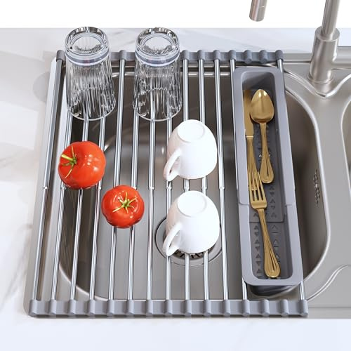 JASIWAY Abtropfgitter Spüle, Faltbare und Abnehmbare Geschirrabtropfgestell über Dem Spülbecken, Edelstahl Abtropfgitter spüle für Tassen, Obst, Gemüse, Schwarz(32.5-59.1cm)