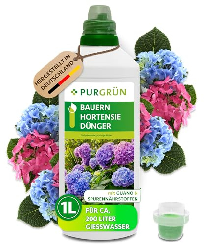 Purgrün® Bauernhortensie-Dünger 1 Liter – Organisch-mineralische Rezeptur – Premium-Flüssigdünger mit Spurennährstoffen – NPK 7+5+6 – Mit Guano für üppige Blüten & robuste Pflanzen