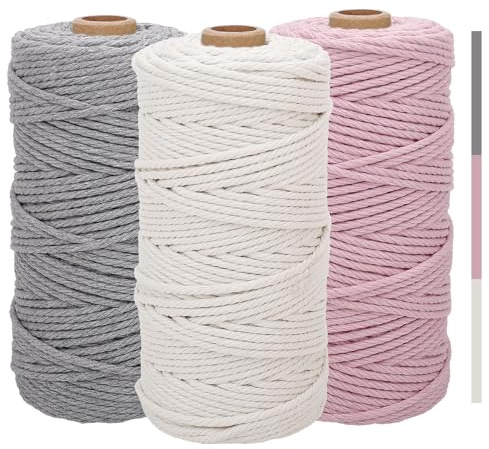 3stk Makramee Garn 3mm x100m, Baumwolle Makramee Baumwollgarn, Baumwollseil, Makramee-Garn, Bunte Baumwoll-Bastelschnur zum Aufhängen, Pflanzenaufhänger, Basteln, Stricken (Beige, Hellrosa, Hellgrau)