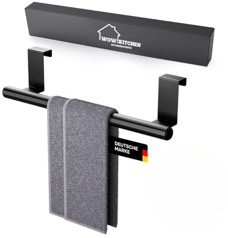Wow!Kitchen® HANDTUCHHALTER OHNE Bohren für Küche - rutschfest und stabil - Geschirrtücher bleiben hängen Dank Spezialoberfläche - kein Kleben, kein Bohren - Geschirrtuchhalter schwarz zum einhängen