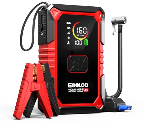 GOOLOO A5 Starthilfe Powerbank mit Kompressor, 4000A Starter Powerbank (Alle Benzin und bis zu 10L Diesel) mit 160PSI Luftpumpe und 45W USB-C Schnelladung, Tragbare 12V Powerbank