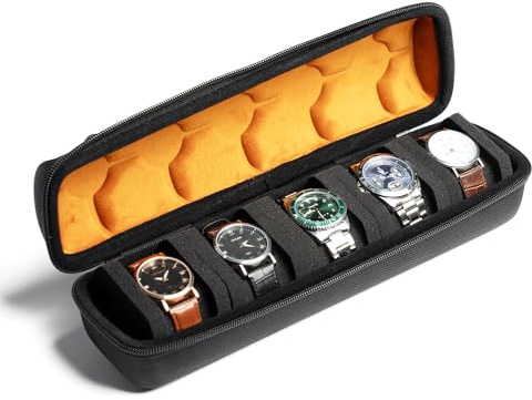 AUKURA Hartschalen-Reise-Etui, 5 Fächer, Reißverschluss, Aufbewahrung und Organizer für Damen und Herren, mit Anti-Bewegungs-Uhrenkissen (schwarz mit Mikrofaserfutter)