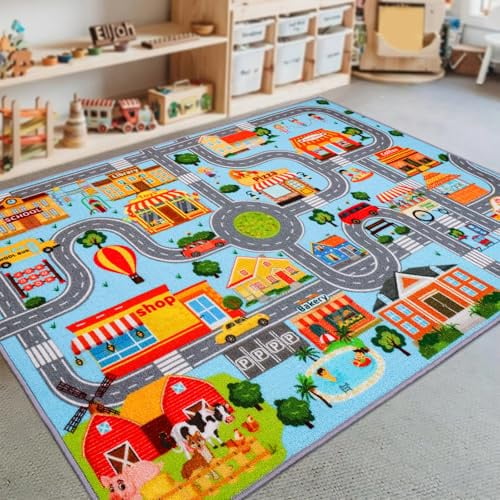 Autoteppich für Kinder, Kinder-Auto-Spielmatte, extra rutschfester Verkehrsstraßenteppich für Kinders, pädagogische Automatte mit Stadtplan für Spielzimmer, Jungen-Schlafzimmer (150X100CM, Blue Sky)