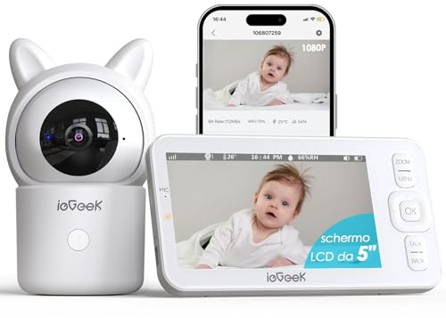 ieGeek Babyphone mit Kamera 1080P, App und 5 Zoll WLAN Video-Babyfon mit PTZ 355°, 4-Fach Zoom, Zonenalarm, Bewegungs-/Geräuscherkennung, Temperatur- und Feuchtigkeitssensor, Nachtsicht