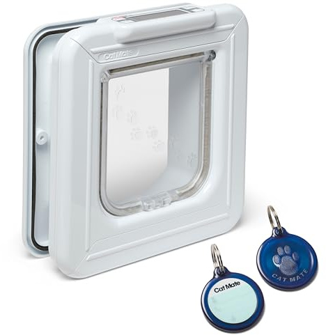 Cat Mate Elite I.D. Disc Katzenklappe mit Timersteuerung (305) – Kompatibel mit Pet Mate I.D. Discs, für kleine bis durchschnittliche Katzen, für Glas, UPVC, Wände und Holz, Weiß