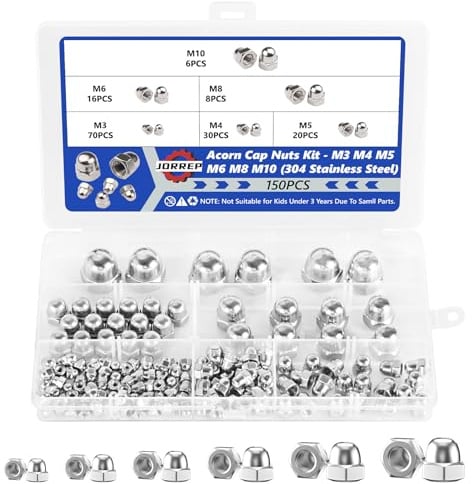 Hutmuttern Set, 150 Stück Edelstahl Kappenmuttern, M3/M4/M5/M6/M8/M10 Sechskant Hutmuttern für Schrauben, mit Aufbewahrungsbox