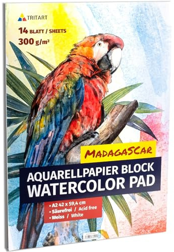 Tritart Aquarellpapier Din A2 300g/m² - Malblock A2 mit 14 Blatt - Aquarellblock zum Malen - Watercolour Paper - Aquarell Papier - Zeichenpapier A2 Block mit 14 Blätter