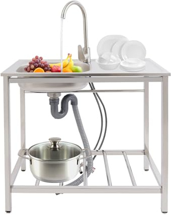 DIFU Freistehende Edelstahl Spültisch 75x40x75cm Commercial Spüle, Küchenspüle mit Plattform, Outdoor Camping Spüle, Multifunktionswaschtisch Mobile Spülbecken für Terrasse Garten bis 40KG