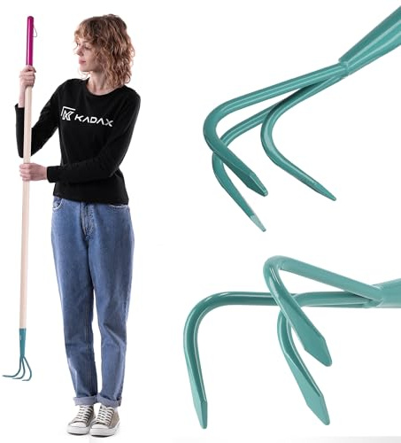 KADAX Grubber, Kultivator für Damen, Gartenzubehör aus Stahl, Gartenhacke mit langem Stiel, Handgrubber, ergonomische Blumenkralle zum Lockern des Bodens, Blumenharke (3 Zinken, mit Holzstiel)