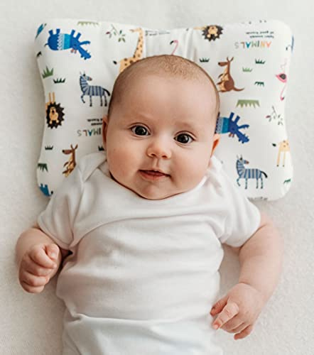 Stork Drop - Flachkopf-Babykissen | verhindert und korrigiert Plagiozephalie | atmungsaktives 3D-Luft-Mesh | weiche Bio-Baumwolle | komplett waschbar | Kopfformung für Neugeborene | Safari-Tiere
