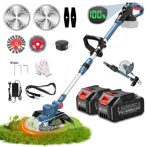 Rasentrimmer mit Akku und Unkrautbürste für Makita Akkus, 5 In 1 Akku Rasentrimmer, Akku Freischneider mit 2X4.0Ah Akku, Kann gefaltet Werden, Brushless Freischneider, Elektro Motorsense