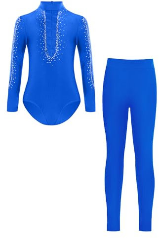 Yruioon Kinder Turnanzug Jungen Glitzer Gymnastikanzug mit Hose Leggings Ganzkörper Trikot Leotard Eiskunstlauf Body Sport Overall Jumpsuit Blau 134-140
