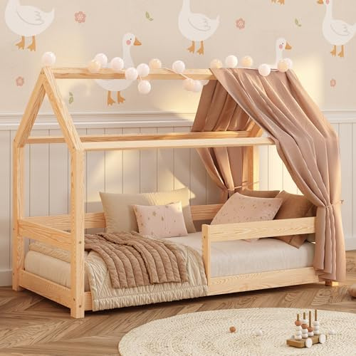 smartwood Hausbett 90x200 cm aus Massivholz - Kinderbett mit Rausfallschutz & Lattenrost bis 230 kg - Skandinavisches Design - für Jungen & Mädchen - Einfache Montage - Milo