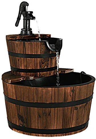 COSTWAY Brunnen Holz, Gartenbrunnen mit Pumpe, Holzbrunnen Holzfass Zierbrunnen, für Garten Rasen Terrasse Hinterhof, Springbrunnen Gartendeko, Braun, Ø 44,5 x 61 cm