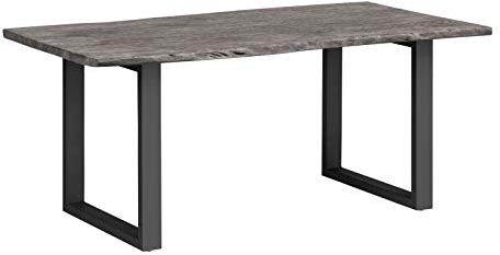 Woodkings Esstisch Bullwer 140x90 I aus Massivholz Holz Akazie I rustikale Graue Baumkanten Tischplatte mit Metallfuß schwarz I Esszimmer Küchentisch