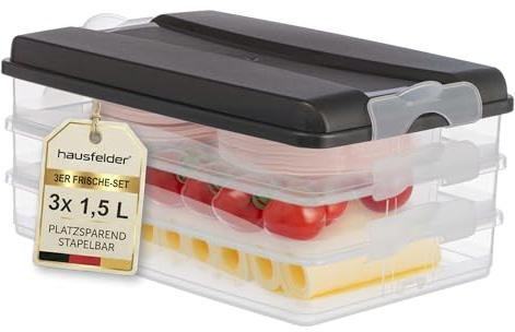 Hausfelder Aufschnittboxen 3x 1,5 l, stapelbar, Anthrazit | Wurstdosen & Käsebehälter, 3er Set Wurst und Käse Aufbewahrung mit Deckel