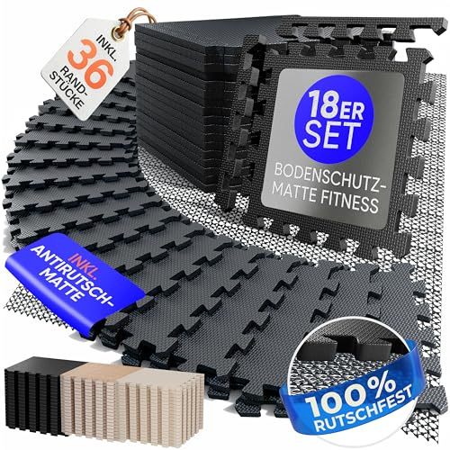 Bodenschutzmatte Fitness inkl. Gratis Anti-Rutschmatte - 18 Puzzlematten 30x30x1cm Trainingsmatte als Matte Sport - Gymnastikmatte Sportmatte Turnmatte als Fitnessmatte Bodenmatte Yogamatte Gym Sport