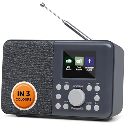 MangoKit MD3 DAB/DAB+ und UKW Tragbares Digitalradio, Bluetooth-Lautsprecher, Kopfhörer, 40 voreingestellte Sender, Wecker und Uhr, Snooze-Timer, Farbdisplay, Batterien und Netzbetrieb (Dunkelgrau)