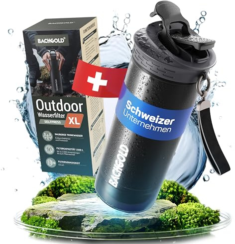 Bachgold® Profi Outdoor Wasserfilter Flasche mit 1500L Filterkapazität I Entfernt 99,99% aller Bakterien und filtert Mikroplastik, Partikel und Chlor I Blackout & Krisensicher (Schwarz, 800ml)