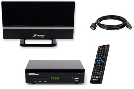 Sky Vision VT-92 DVB-T/T2 Reciever, Empfang Aller freien SD und HD DVB-T2 Sender, Digital, Full-HD 1080p, HDMI, SCART, Mediaplayer, USB 2.0, 2m HDMI Kabel, aktive DVB-T2 Zimmerantenne, Schwarz