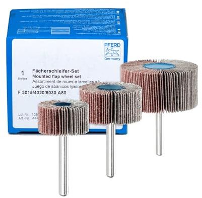 PFERD TOOLS Fächerschleifer-Set F, 3-tlg. / Korund Ø30x15mm Ø40x20mm Ø60x30mm Schaft-ø 6mm A80 / 44498032 – für Feinschliff & Finish mit dem Geradschleifer oder Biegwellenantrieb