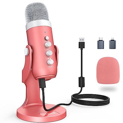 ZealSound K66 Rosa USB Kondensatormikrofon PC, Handy & PS4 | Geräuschunterdrückung, Stummschaltung, Echo & Echtzeit-Monitoring, PC/Mac kompatibel, Gaming, Streaming, Podcasting & ASMR