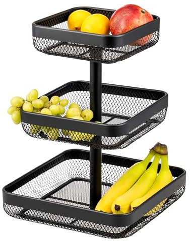 eluno 3-stöckige eckige Obstetagere/Brotkorb, Etagere, Obstschale, Obstkorb, viel Platz für die übersichtliche Lagerung von Obst, Gemüse, Brot und Snacks in Küche und Wohnzimmer aus Metall (Schwarz)