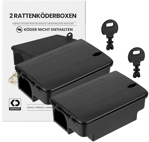 Köder-Discount Rattenfalle für Giftköder (Köder Nicht enthalten) – 2 Abschließbare Rattenköderboxen zur sicheren Auslage von Rattengift, kindersicher, wetterfest, inkl. Warnaufkleber