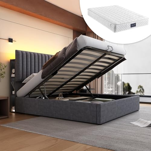 Skcess Polsterbett 160X200Cm Stauraum Doppelbett Led App-Control Bett Mit Aufladen USB Type C Ladefunktion, Lattenrost Aus Holz, Grau (Mit Matratze)