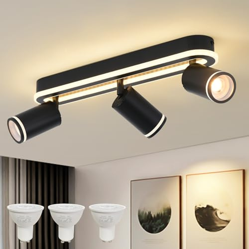 MYCUL Deckenstrahler 3 Flammig 27W+3x5W GU10 Spots,3000K Warmweiß,schwarz | Schwenkbar 350°,Deckenstrahler mit unteres Glühen ,Deckenspot strahler,Modern Deckenlampe,Spotleuchte für Küche,Wohnzimmer
