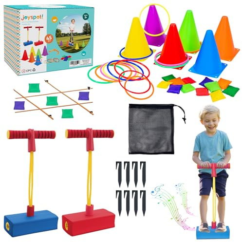 JOY SPOT! 50 Stück 6 in 1 Pogo Stick Spiele Set für Kinder, Pogo Jumper aus Schaumstoff mit weichen Griffen, Kinderparty Wurfspiele & Tic Tac Toe, Indoor Outdoor Gartenspielzeug ab 4 5 6 7 8 Jahren
