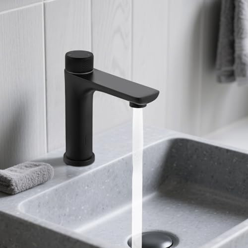 Infrarot Wasserhahn Bad mit Sensor, Berührungslose Einhebelmischer Mischbatterie Waschbecken Armaturen, Automatisch Waschtischarmatur aus Edelstahl für Badezimmer (Schwarz)