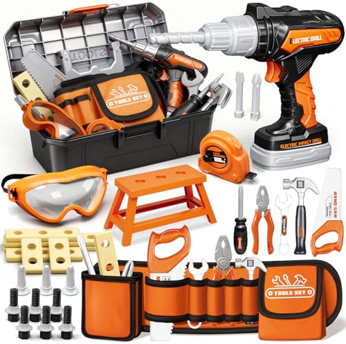 KidBloom 50 Stück Werkzeugkoffer Kinder, Geschenk 3 4 5 Jahre Junge | Werkzeug Kinder mit Werkzeuggürtel Kinder & Bohrmaschine Kinder & DIY Zubehör & Schutzbrille, Kinderspielzeug ab 3 4 5 Jahre