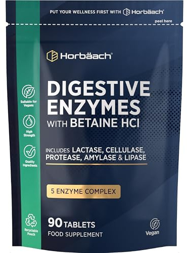 Verdauungsenzyme | Enzym Komplex Amylase, Protease, Laktase, Lipase und Cellulase | Betain HCl | 90 vegane Tabletten | Digestive Enzymes | Horbaach