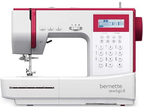 Bernette Sew&GO8 - Computer-Nähmaschine mit 197 Nähprogramme, Freiarm, Multifunktionsdisplay, Nähen, Patchen, Quilten, White/Red