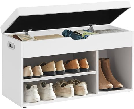 VASAGLE Schuhbank mit Sitzfläche, Sitzbank mit Stauraum, gepolstert, 3 offene Fächer, Fach unter Sitzkissen, Schuhregal für Wohnzimmer, Flur, bis 136 kg belastbar, wolkenweiß LHS30W