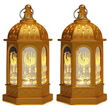 Anlising 2 Stück Eid Mubarak Ramadan LED-Taschenlampe, dekorative Ramadan-Lampe, marokkanische dekorative Laterne, muslimische Ramadan-Laterne, für muslimische Dekoration von Eid al-Fitr Mubarak (Gold