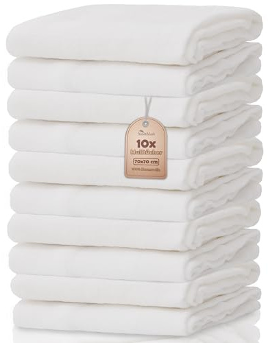 NatureMark 10er-Pack Baby-Mulltücher – 100% Baumwolle – weiche und saugfähige Tücher für Stillen & Babypflege, Windeln, Pucktücher & Waschlappen – Weiß, 70x70 cm