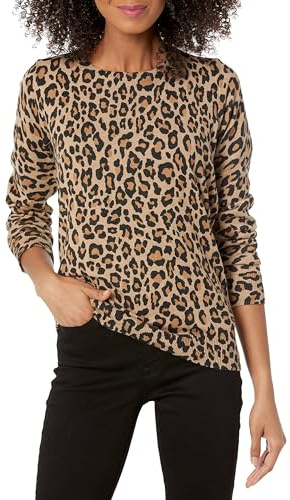 Amazon Essentials Damen Leichter, Langärmeliger Pullover Mit Rundhalsausschnitt (Erhältlich in Übergröße), Kamelbraun Gepard, XS