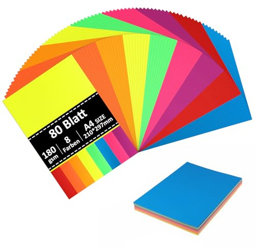 Tonpapier A4 Bunt, 80 Blatt Tonkarton A4 | 180 g/m² | 8 Farben -Bastelkarton, Bastelpapier Bunt,Farbiges Papier für DIY Kunst und Bastelprojekte, Drucker, Einladungen, Scrapbooking
