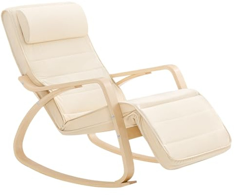 SoBuy Schaukelstuhl mit Polster, Schaukelsessel mit Kopfstütze und Verstellbarer Fußstütze, relaxsessel - Beige FST16-W