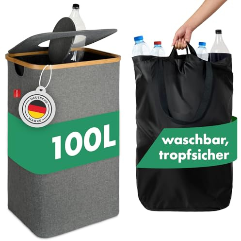 Blumtal Pflandflaschen Sammelbehälter 100L - Bambus Pfandflaschen Organizer mit Pfandflaschen Tasche - Pfandflaschen Sammler - Leergut Sammelbehälter mit Loch- Flaschensammler Pfandsammler in Grau